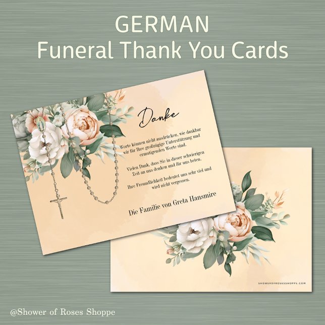 Deutsches Rosary-Floral-Begräbniskondolence-Beilei Dankeskarte (German Catholic Funeral Thank you Cards with the Holy Rosary - Easy to personalize)