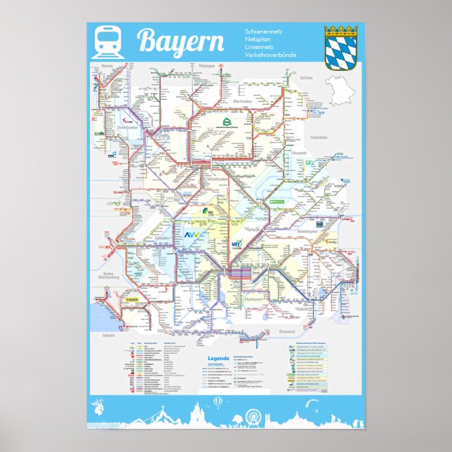 " Deutschland: BAYERN Schienennetz RAILmap ... Poster (Vorne)