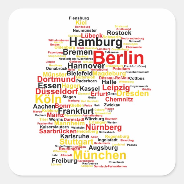 Deutschland Karte Silhouette Städte Flaggen Berlin Quadratischer Aufkleber (Vorderseite)