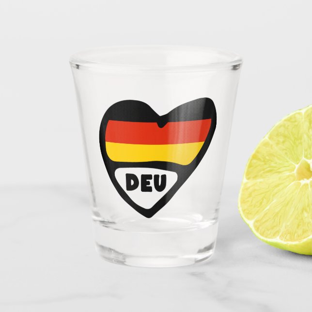 Deutschland Ländercode Flaggenherz, DEU Schnapsglas (Vorderseite)