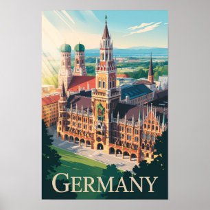 Deutschland München Illustration Travel Art Vintag Poster
