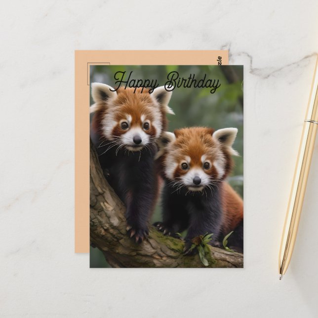 Deux bébés pandas roux, carte d'anniversaire (Devant/Arrière en situation)