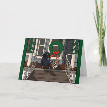 Deux chiens sur le porche, carte de Noël