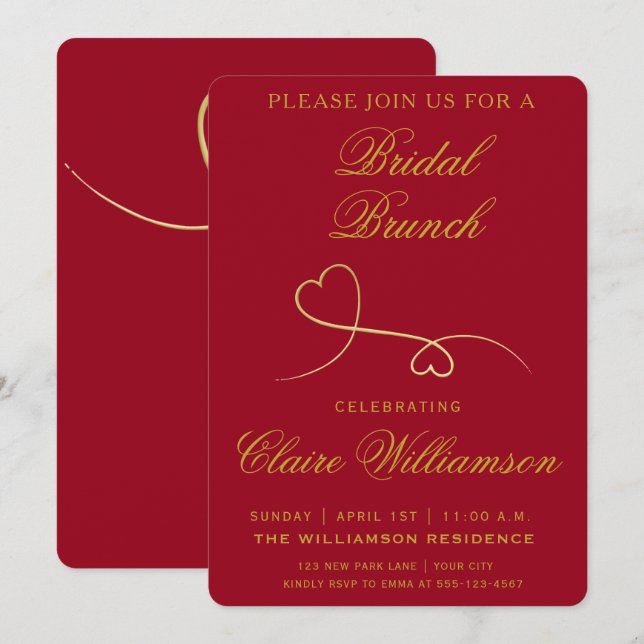 Deux Coeurs d'or | Red Bridal Brunch Invitation (Devant / Derrière)
