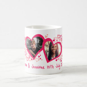 Deux coeurs nom date mariage photo rose rouge mug