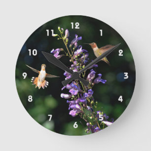 Deux Colibris En Vol Avec Horloge Murale Fleurie