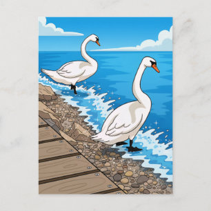 Deux cygnes au bord d'un lac carte postale