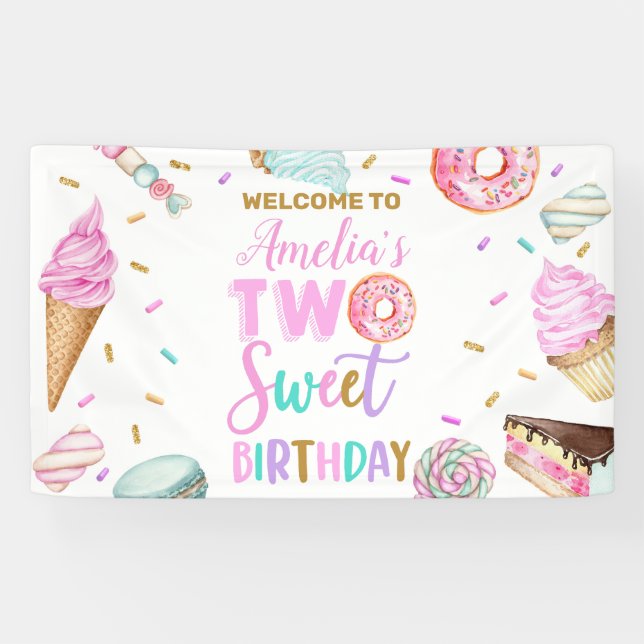 Deux Dessert Sucré Anniversaire Vinyl Bannière (Horizontal)