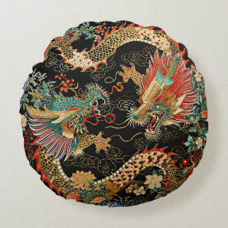 Deux dragons dans un Coussin rond de jardin fleuri