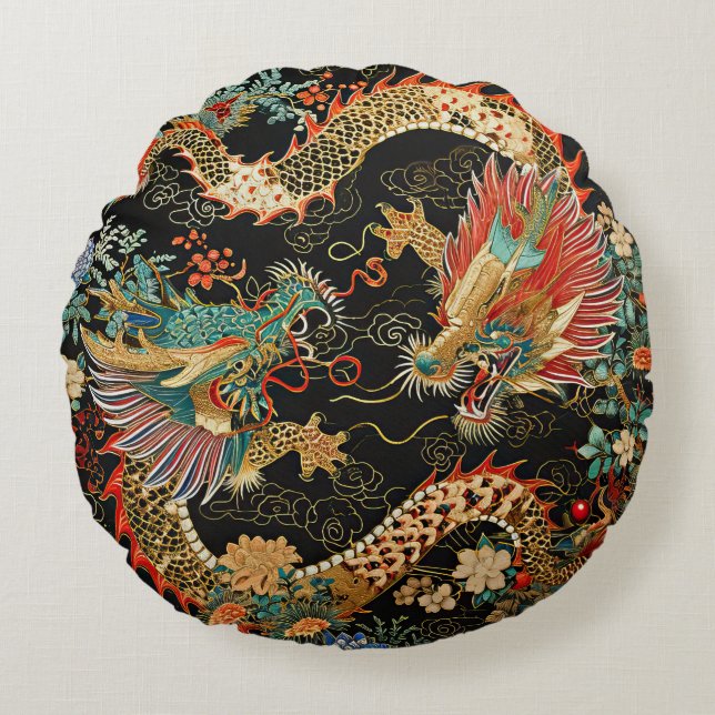 Deux dragons dans un Coussin rond de jardin fleuri (Devant)