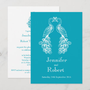 Deux faire-part de mariage turquoise blanc Paon