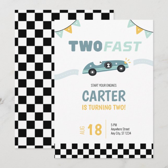 Deux Fast Race Car 2e Invitation Anniversaire (Devant / Derrière)