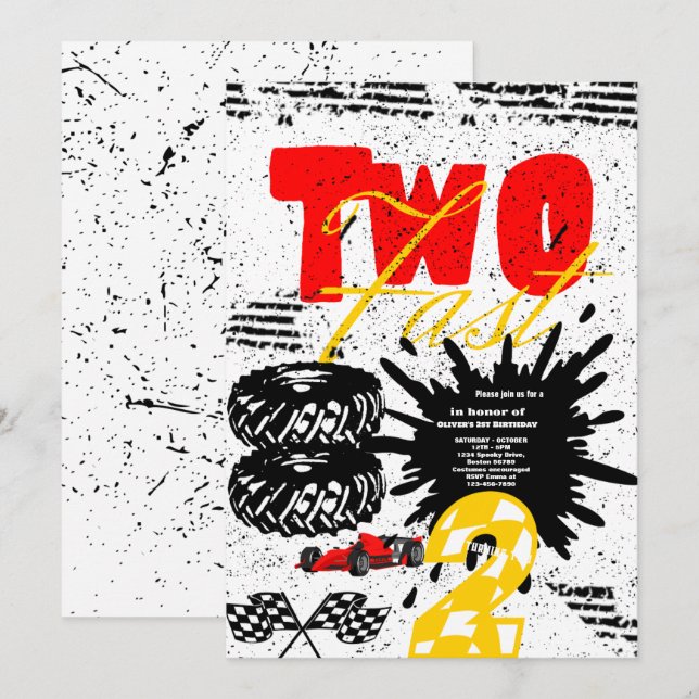 Deux Fast Race Car Boy 2e Invitation de fête d'ann (Devant / Derrière)