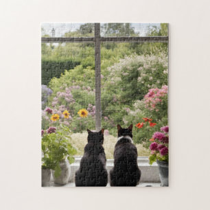 Deux fleurs de chats noirs Puzzle de jardin