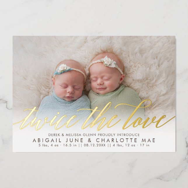 Deux fois le Faire-part de naissance jumeau Love F (Recto)