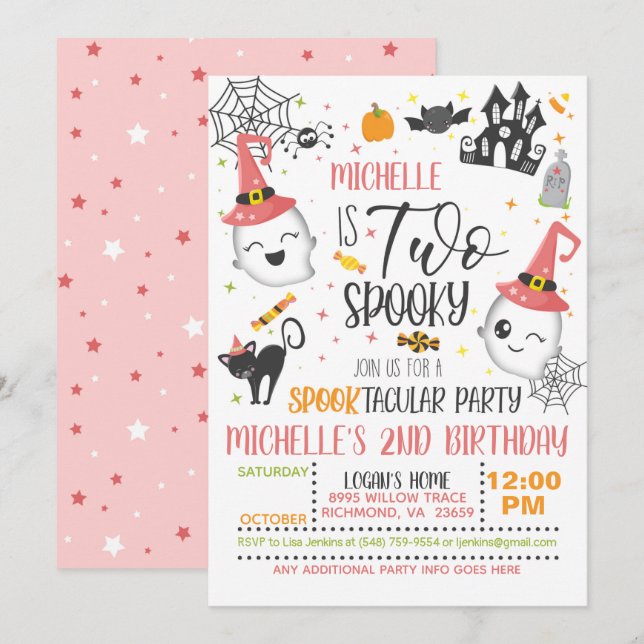 Deux Invitation Éffrayante Anniversaire - Girl Whi (Devant / Derrière)
