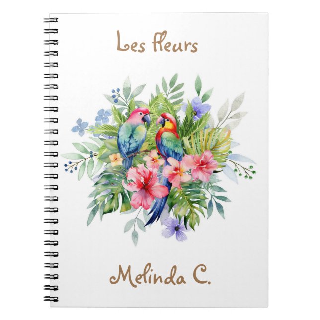 Deux joyeuses Macaws au Carnet de fleurs tropicale (Devant)