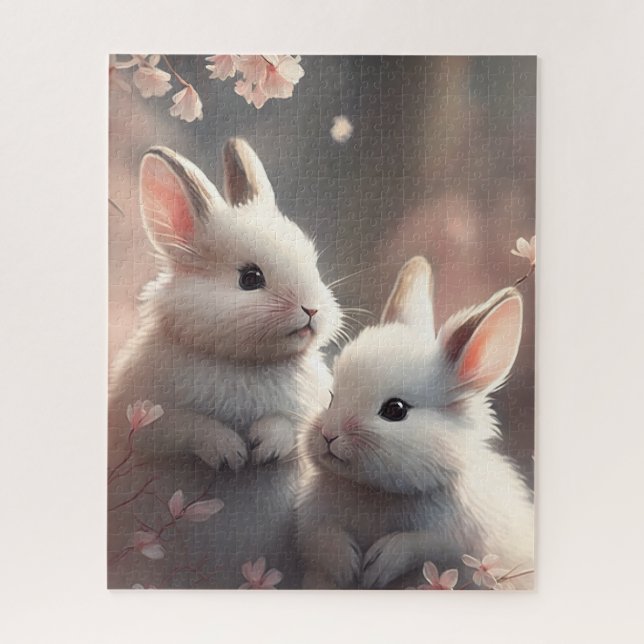 Deux lapins mignons avec Sakura Jigsaw Puzzle (Vertical)