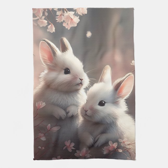 Deux lapins mignons avec sakura Serviettes de cuis (Vertical)