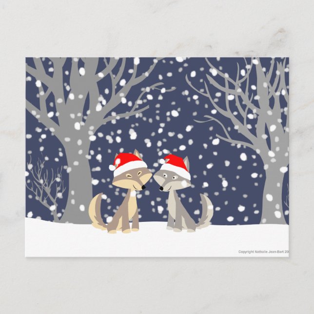 Deux loups en hiver carte postale de Noël (Devant)