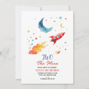 Deux Lune 2e Invitation Anniversaire Rocket & Star