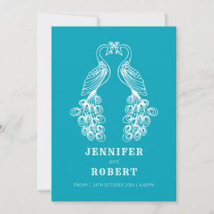 Deux oiseaux paons faire-part de mariage blanc tur