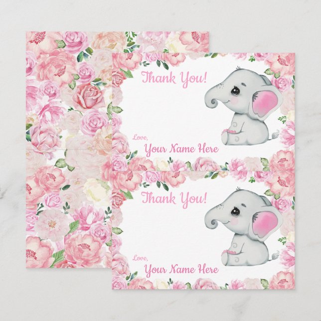 Deux par page Merci Cartes Elephant Girl Douche (Devant / Derrière)