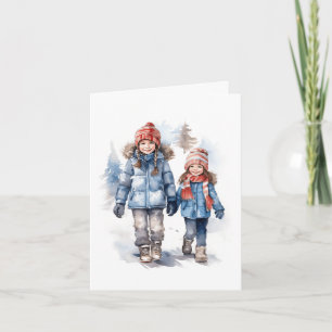 Deux petites filles marchant dans la neige. Carte 