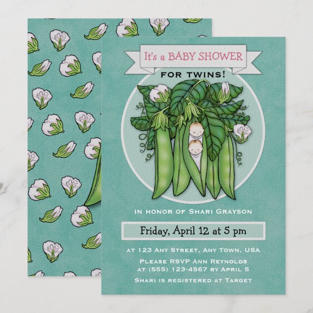 Deux petits pois doux Twins Baby shower Invitation (Devant / Derrière)