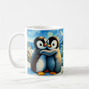 Deux pingouins heureux pieds serrés café tasse de 