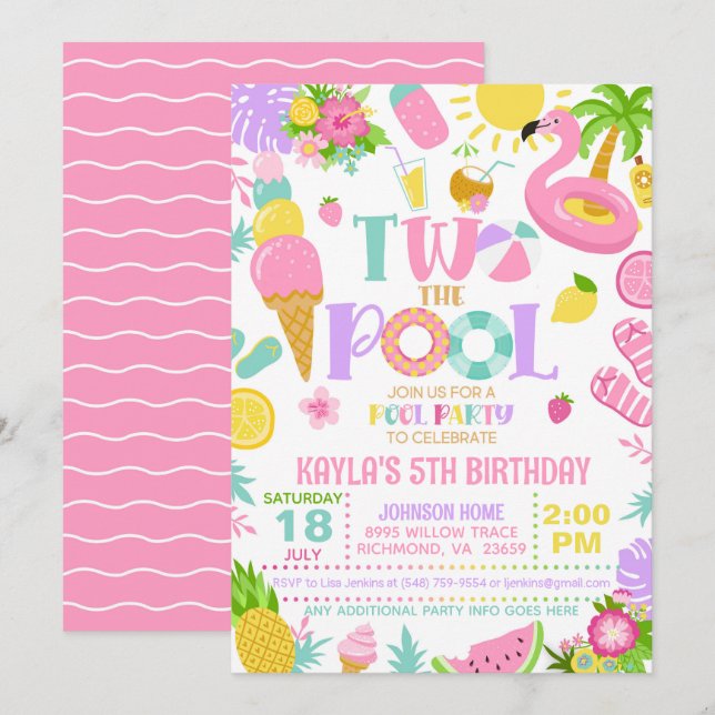 DEUX Piscine Anniversaire Invitation (Devant / Derrière)
