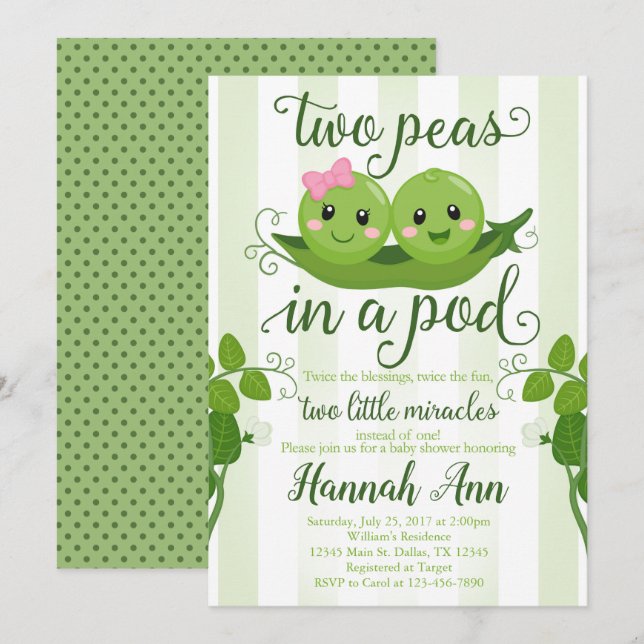 Deux pois dans un Baby shower de pois Invitation P (Devant / Derrière)