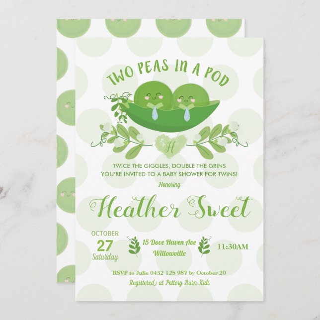 Deux pois dans une invitation de baby shower de (Devant / Derrière)