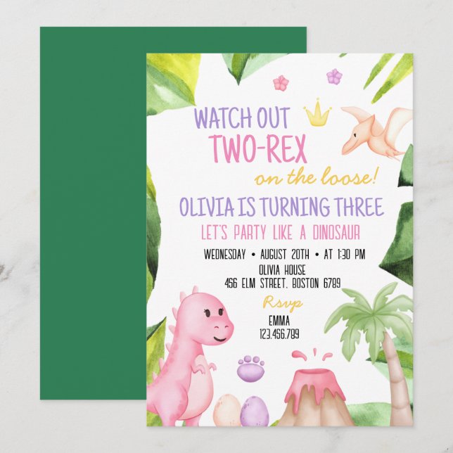 Deux Rex Girl dinosaure 2e invitation anniversaire (Devant / Derrière)