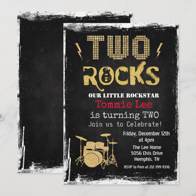 Deux Rocks Rockstar Drumset 2e Invitation d'annive (Devant / Derrière)