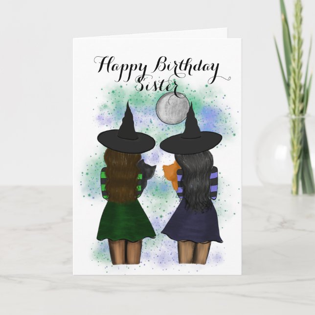 Deux Sorcières Soeurs Avec Chats Carte Anniversair (Devant)