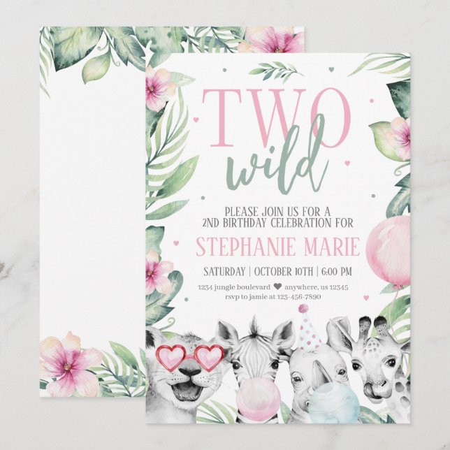 Deux Wild Safari Invitation d'anniversaire pour fi (Devant / Derrière)