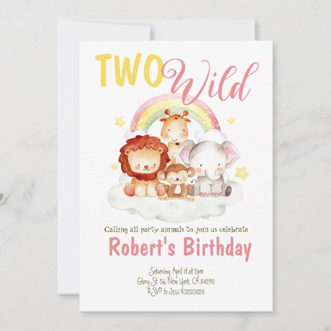 Deux Wild Safari Rainbow Invitation d'anniversaire (Devant)