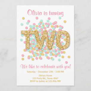 Deuxième Invitation Anniversaire Girl Pink Gold Mi