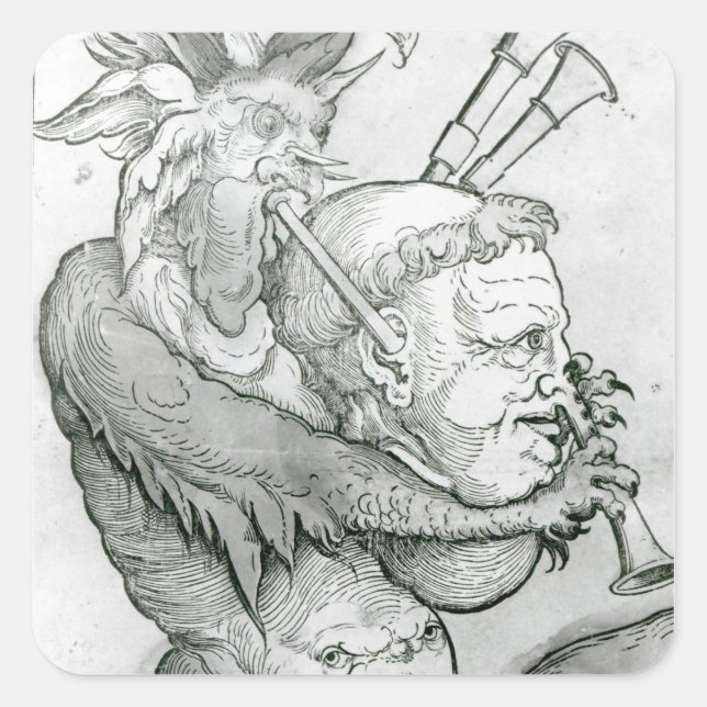 Devil Playing Man's Head als Saxophon, 1144 Quadratischer Aufkleber (Vorderseite)