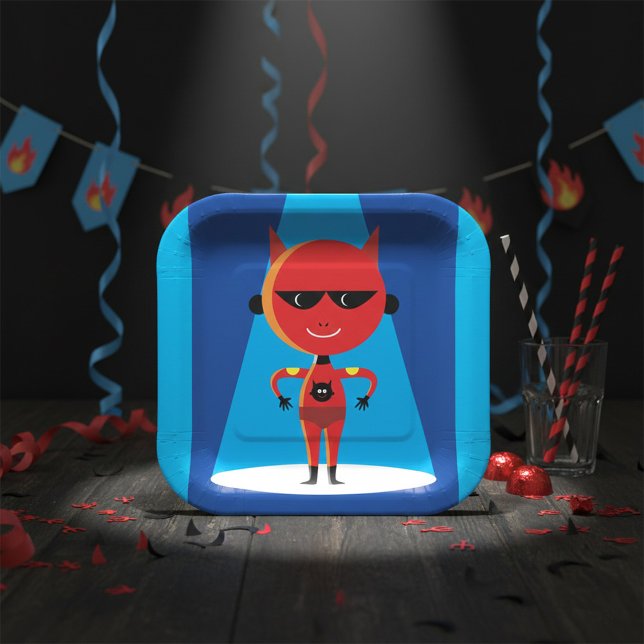 Devil Superhero Character Bold Red and Blue Pappteller (Von Creator hochgeladen)