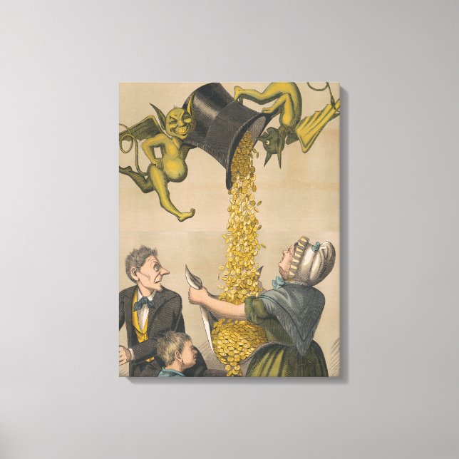 Devils, die Goldmünzen in die Schürze der Frau gie Leinwanddruck (Vorderseite)