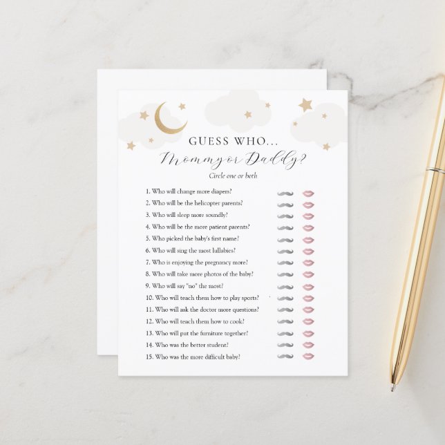 Devinez Qui maman ou papa Baby shower carte de jeu (Devant/Arrière en situation)