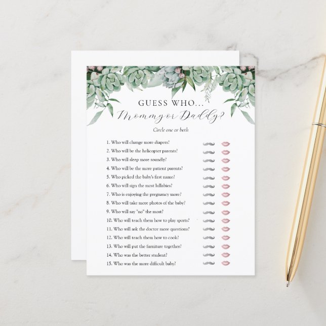 Devinez Qui maman ou papa Baby shower carte de jeu (Devant/Arrière en situation)