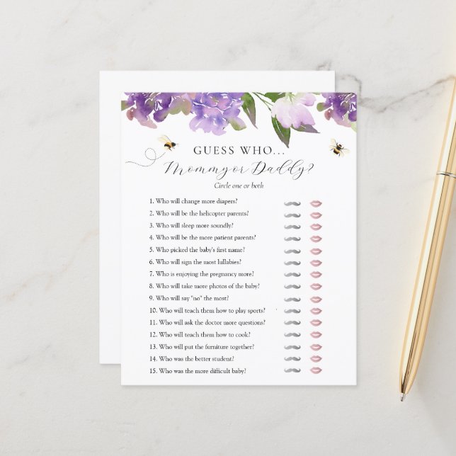 Devinez Qui maman ou papa Baby shower carte de jeu (Devant/Arrière en situation)