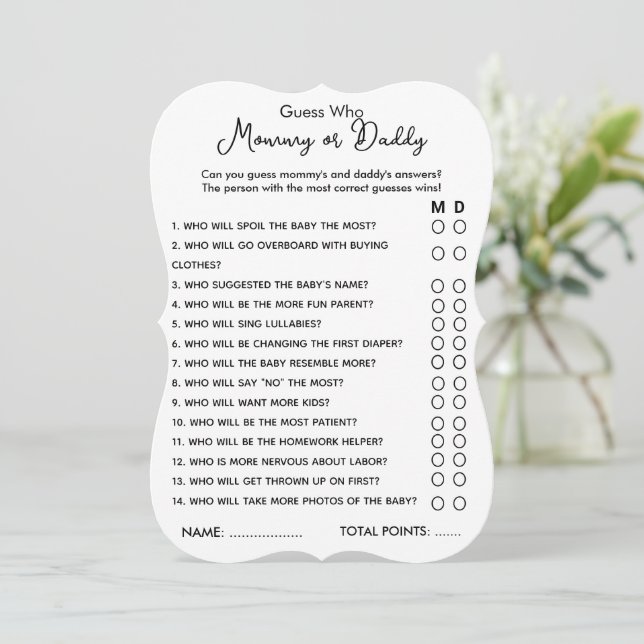 Devinez Qui maman ou papa Carte Baby shower de jeu (Debout devant)