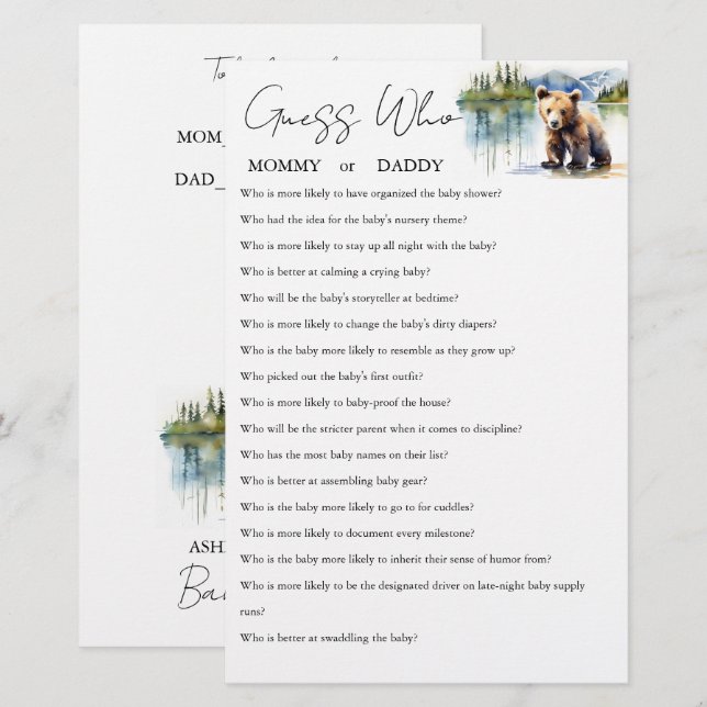 Devinez qui maman ou papa carte de jeu baby shower (Devant / Derrière)
