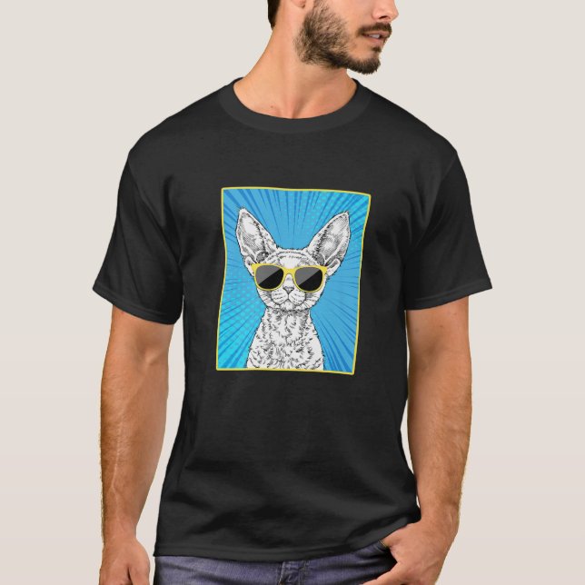 Devon Rex Cat Portrait Pop Art Cat mit Sonnenbrill T-Shirt (Vorderseite)