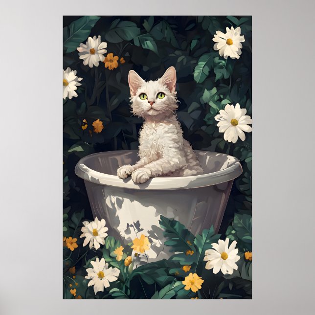Devon Rex im Badewannenposter, Lustiges Katzenpost Poster (Vorne)
