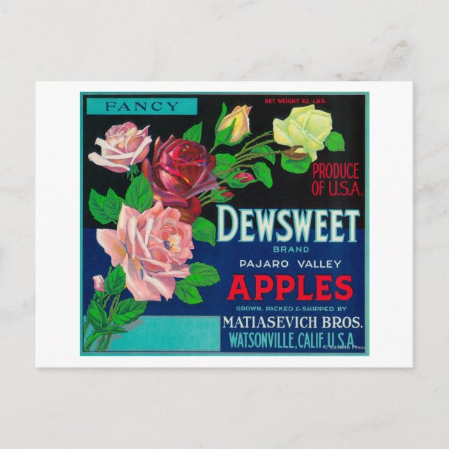 Dewsweet Apple Crate LabelWatsonville, CA Postkarte (Vorderseite)